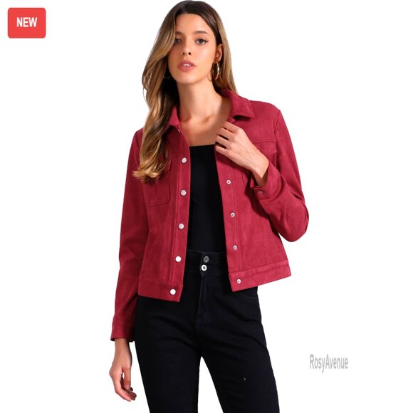 Faux Suede Jacket Snap Button Flap Pockets Turn-Down Collar Casual